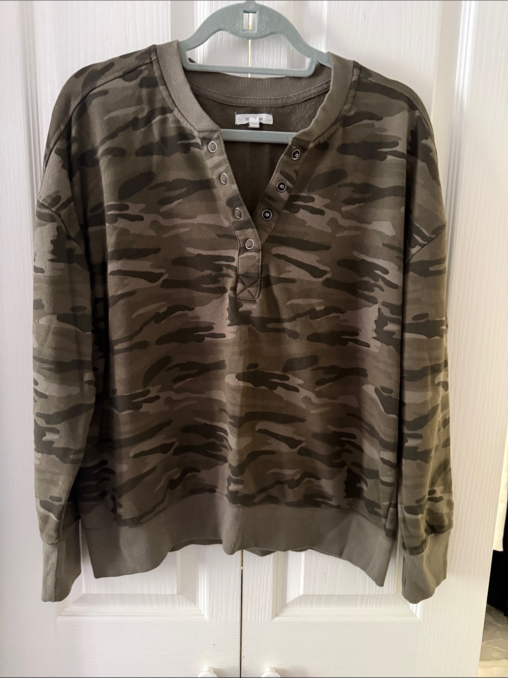 Women's Olive Camo Henley Pullover Sweatshirt